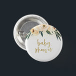Boho Pink Blume & Gold Baby Dusche Button<br><div class="desc">Ein böhmisches Design mit "Babydusche" in einem gebürsteten goldfarbenen Drehbuch,  gerahmt von handgemalten,  rosa Aquarellfarben-Blume und Goldkonfetti. Dieses Design eignet sich hervorragend für Duschen mit Blumenmotiven.</div>