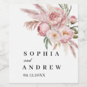 Boho Pink Blume Pampas Grass Wedding Wine Label Weinetikett (Einzelnes Label)