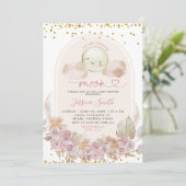 Boho Pink Blume über dem Mond Baby Dusche Einladun Einladung (Stehend Vorderseite)