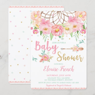 Boho Pink Blumen Baby Shower Traumfänger Mädchen Einladung