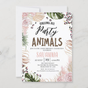 Boho Pink Blumen Gepard Druck Safari 1. Geburtstag Einladung