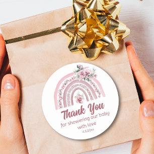 Boho Pink Blumen Regenbogen Baby Shower Dankeschön Runder Aufkleber