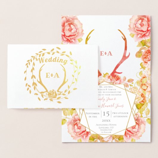 Boho Pink Blush Rose Gold Antler Wedding Real Gold Folienkarte (Anzeige)