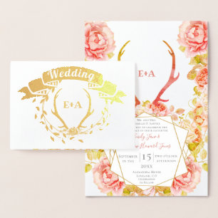 Boho Pink Blush Rose Gold Geweih Hochzeit Echtgold Folienkarte