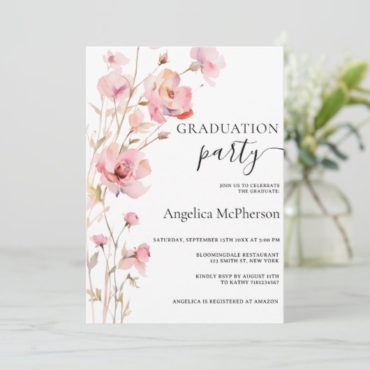 BOHO PINK BLUSH WATERCOLOR BLUME ABSCHLUSS EINLADUNG (Stehend Vorderseite)