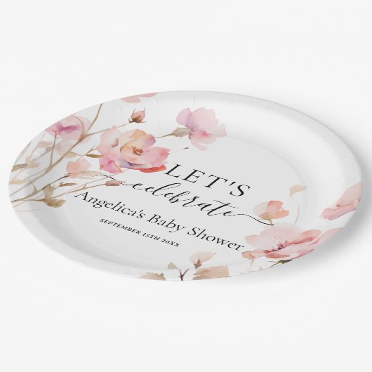 BOHO PINK BLUSH WATERCOLOR BLUME PAPPTELLER (Schrägansicht)