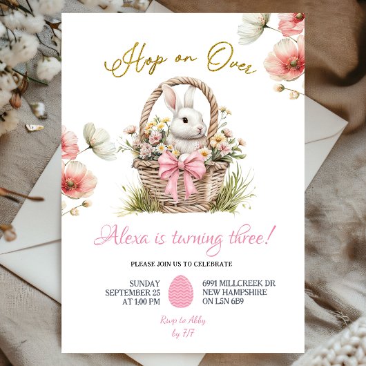 Boho Pink Bow Floral Easter Bunny Birthday Einladung