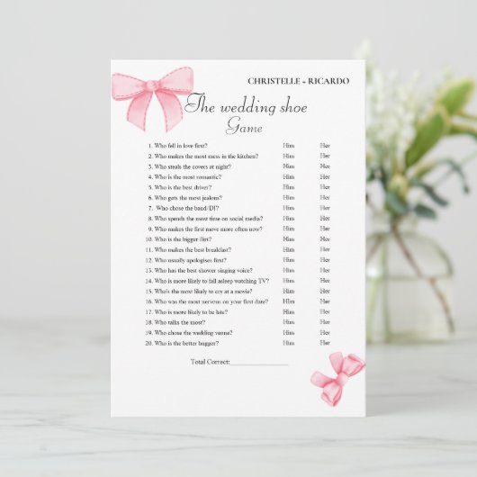 Boho Pink Bow Wedding Party Card Ankündigung (Stehend Vorderseite)