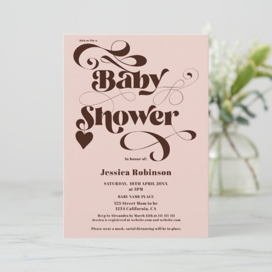 Boho pink braune Herzskript fett Babydusche Einladung (Stehend Vorderseite)