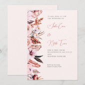 Boho Pink & Brown Blume & Feathers Cream Wedding Einladung (Vorne/Hinten)