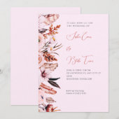 Boho Pink & Brown Blume & Feathers Pink Wedding Einladung (Vorne/Hinten)