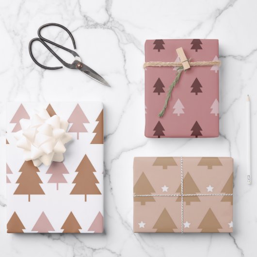 Boho Pink Brown Weihnachtsbaumen Urlaub Geschenkpapier Set (Vorderseite)