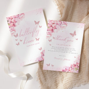Boho Pink Butterfly Kisses Floral Girl Baby Shower Dankeskarte