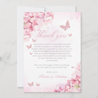 Boho Pink Butterfly Kisses Floral Girl Baby Shower Dankeskarte