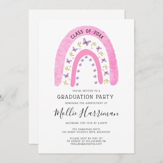 Boho Pink Butterfly Rainbow Girl Abschluss Einladung (Vorne/Hinten)