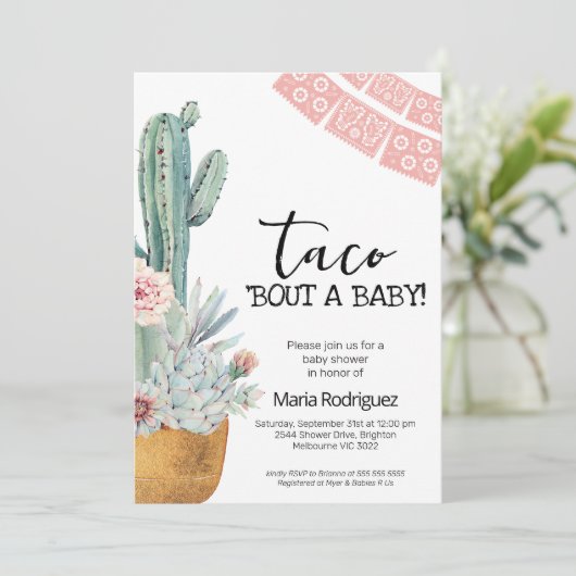 Boho Pink Cactus Taco Bout Eine Babydusche Einladung (Stehend Vorderseite)