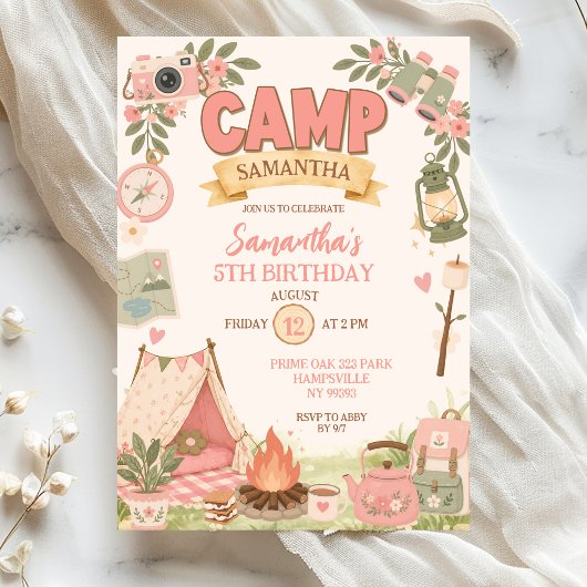 Boho Pink Camping Thema Mädchen Geburtstag Einladung