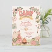 Boho Pink Camping Thema Mädchen Geburtstag Einladung (Stehend Vorderseite)