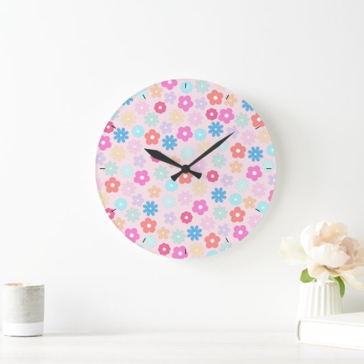 Boho Pink Daisy Blume Pattern Große Wanduhr (Zuhause)