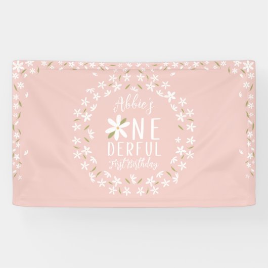 Boho Pink Daisy Erster Geburtstag Hintergrund Banner (Horizontal)