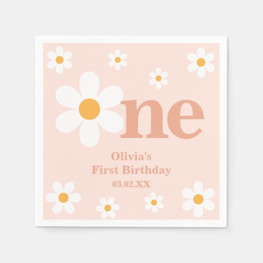 Boho Pink Daisy Erster Geburtstag Serviette (Vorderseite)