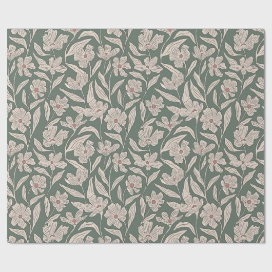 Boho Pink & Dark Green Hand Drawn Floral Pattern Geschenkpapier (Flach)