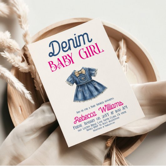Boho Pink Denim Girl Blue Jean Baby Shower Einladung