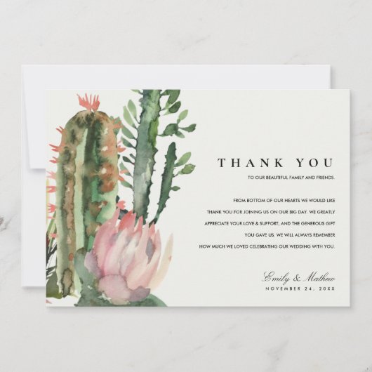 BOHO PINK DESERT CACTUS FLORAL WATERCOLOR WEDD DANKESKARTE (Vorderseite)