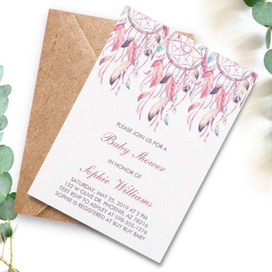Boho Pink Dreamcatcher Babydusche Einladung