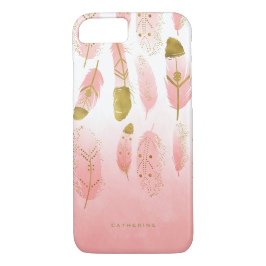 Boho Pink Feathers Imitats Gold Fossil Personalisi Case-Mate iPhone Hülle (Rückseite)