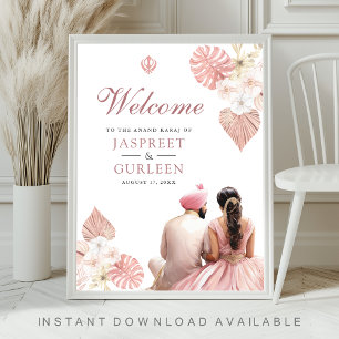 Boho Pink Floral Anand Karaj Hochzeits-Willkommens Poster