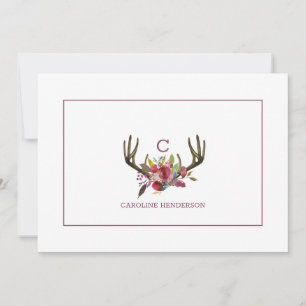 Boho Pink Floral Aquarell Antler Monogramm Mitteilungskarte