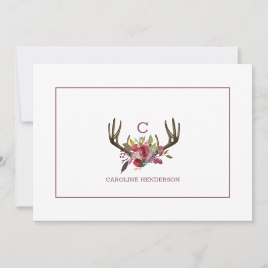 Boho Pink Floral Aquarell Antler Monogramm Mitteilungskarte (Vorderseite)