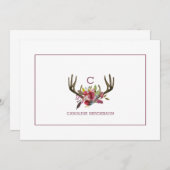 Boho Pink Floral Aquarell Antler Monogramm Mitteilungskarte (Vorne/Hinten)