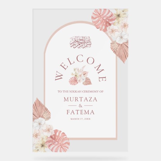 Boho Pink Floral Arch Muslim Wedding Welcome Acrylschild (Vorderseite)