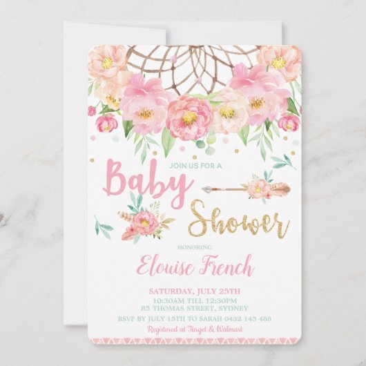 Boho Pink Floral Baby Shower Dream Catcher Girl Einladung (Vorderseite)