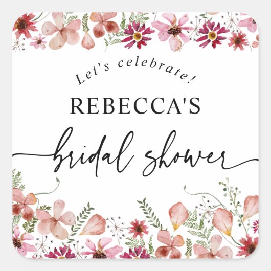 Boho Pink Floral Brautparty Runde Quadratischer Aufkleber (Vorderseite)
