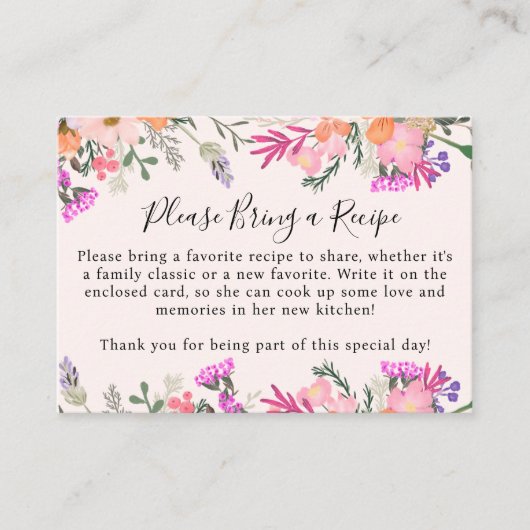 Boho Pink Floral Bringen Sie ein Rezept Brautparty Begleitkarte (Vorderseite)