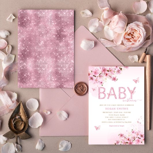 Boho Pink Floral Butterfly Girl Babydusche Einladung