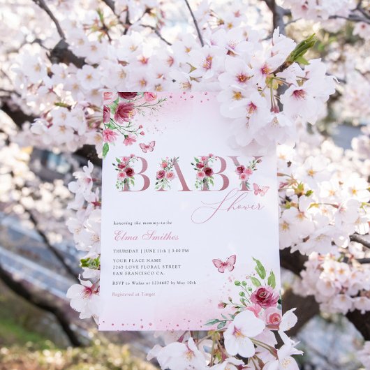 Boho Pink Floral Butterfly Girl Babydusche Einladung