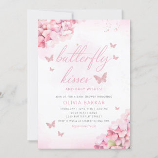 Boho Pink Floral Butterfly Kisses Girl Baby Shower Einladung