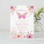 Boho Pink Floral Butterfly Kisses Girl Baby Shower Einladung (Stehend Vorderseite)
