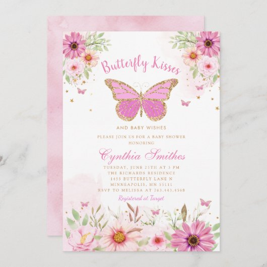 Boho Pink Floral Butterfly Kisses Girl Baby Shower Einladung (Vorne/Hinten)