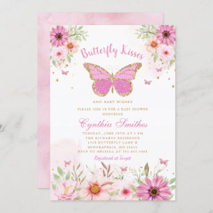 Boho Pink Floral Butterfly Kisses Girl Baby Shower Einladung