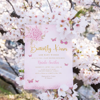 Boho Pink Floral Butterfly Kisses Girl Baby Shower Einladung