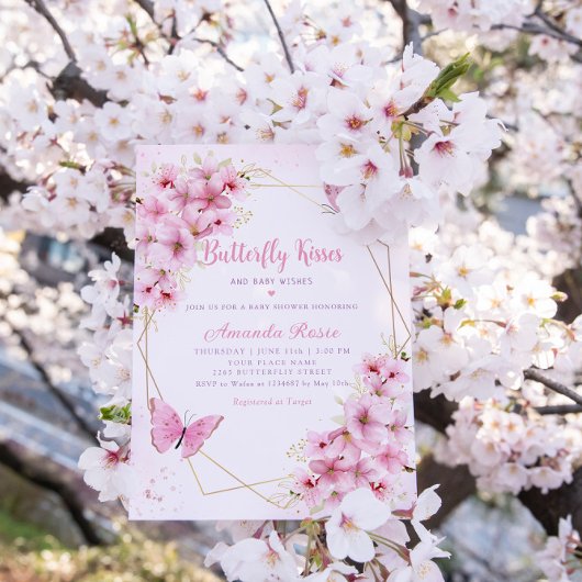 Boho Pink Floral Butterfly Kisses Girl Baby Shower Einladung