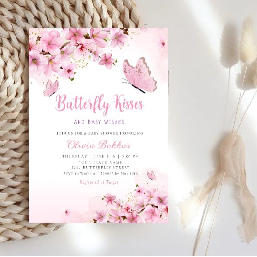Boho Pink Floral Butterfly Kisses Girl Baby Shower Einladung