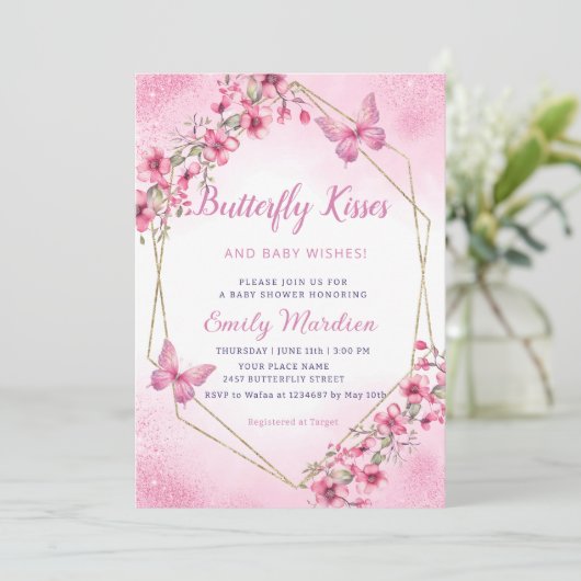 Boho pink Floral Butterfly Kisses Girl Baby Shower Einladung (Stehend Vorderseite)