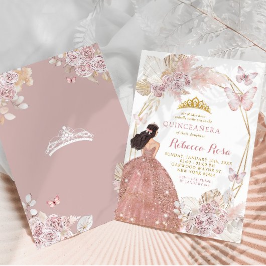 Boho Pink Floral Butterfly Prinzessin Quinceañera Einladung