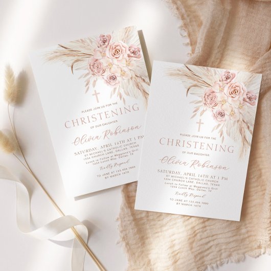 Boho Pink Floral Christening Taufe Einladung